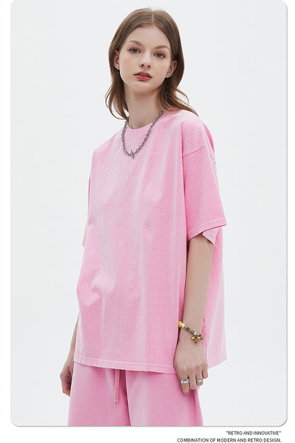 Washed Dyed Oversize Damage Short-sleeve T-shirt & Short Sweatpants Setup WN6630