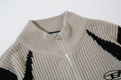 Colorblock Zipper Stand Neck Knit Cardigan WN11227