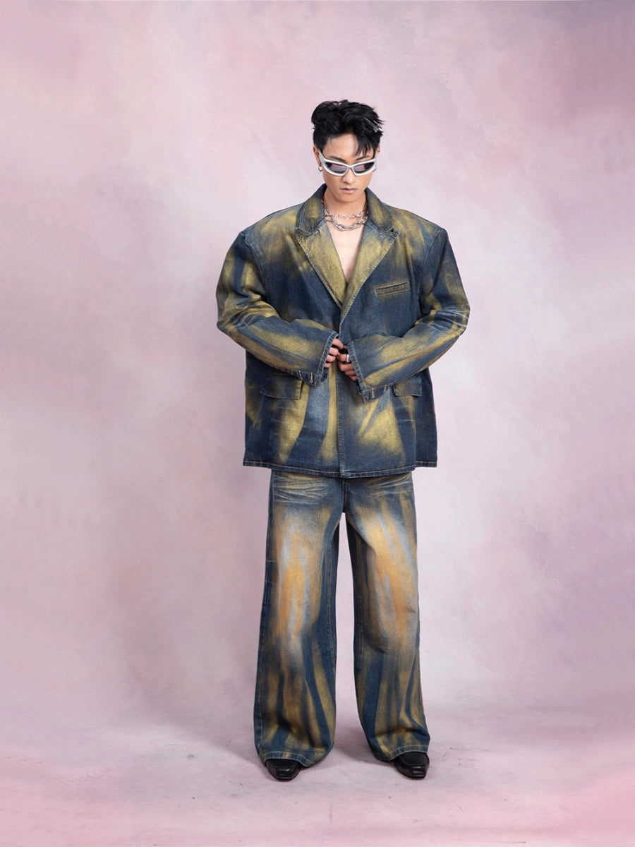 Washed Gradient Wrinkled Denim Tailored Jacket & Wide Leg Denim Jeans Setup WN9243