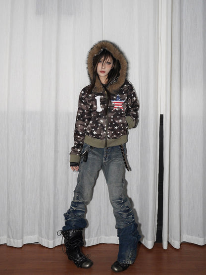 Camouflage Fake Fur-Collar Short Hooded Jacket WN22216