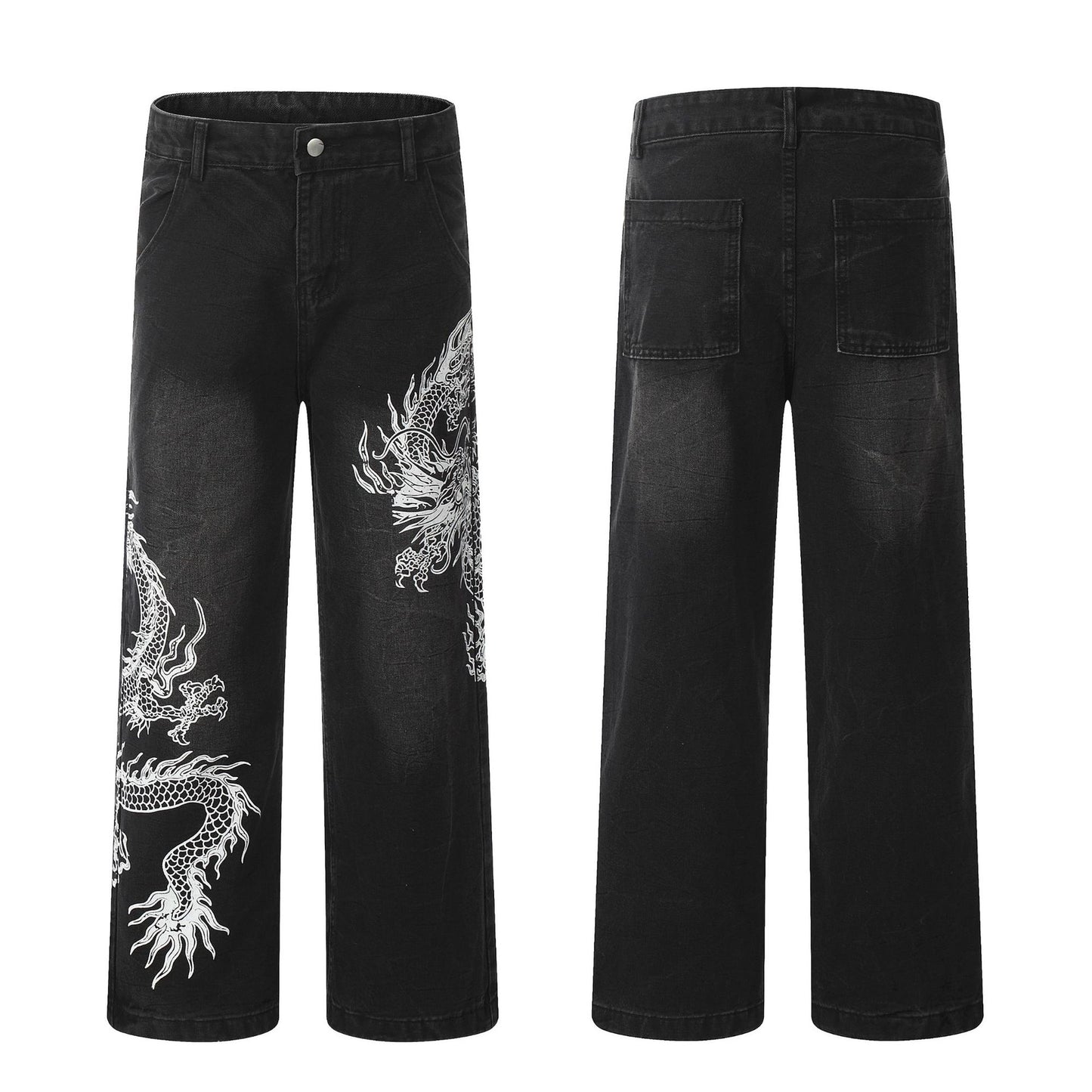 Dragon Print Wide-Leg Straight Denim Jeans WN11083