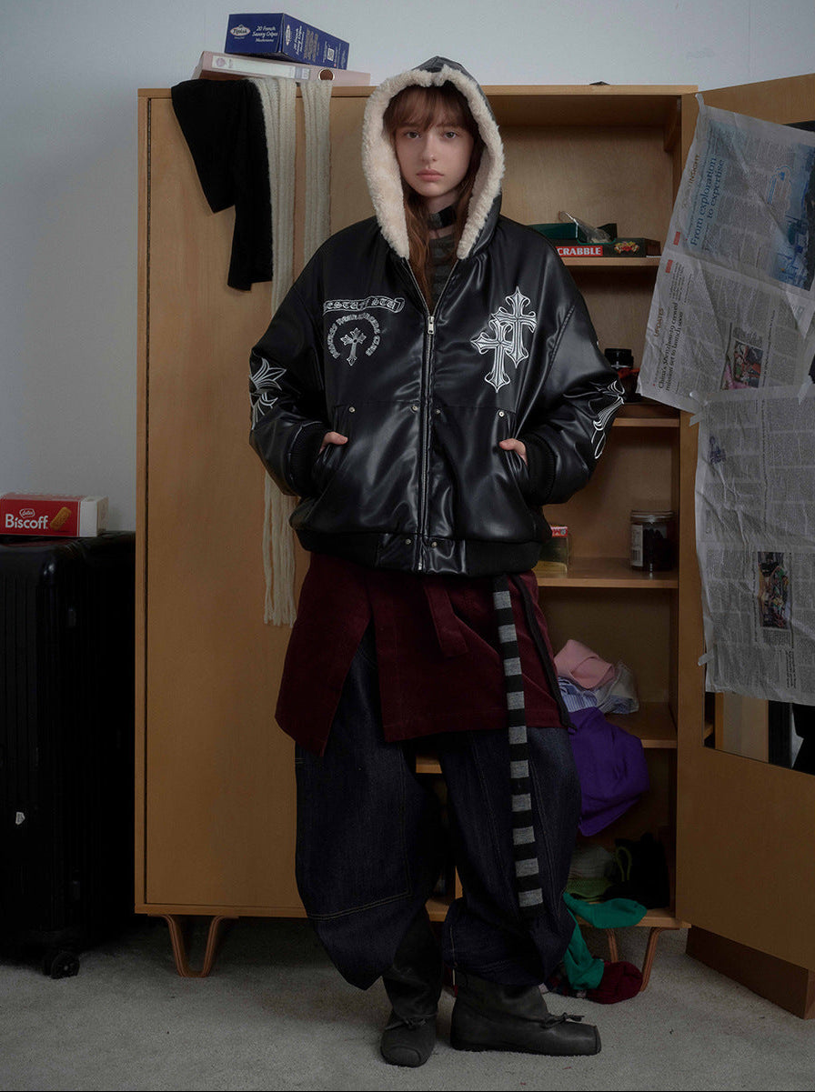 Cross Embroidery PU Leather Fleece Hooded Jacket WN21873