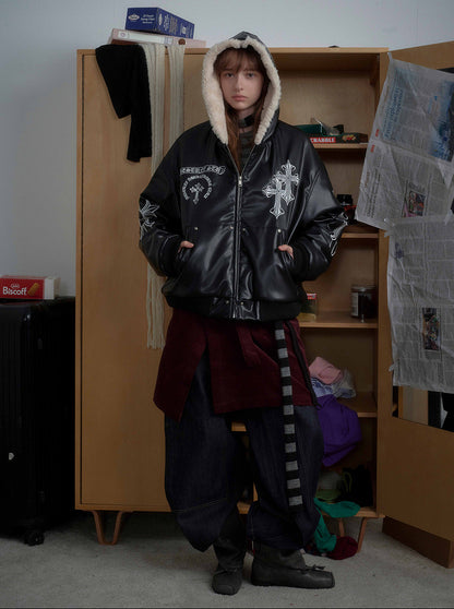 Cross Embroidery PU Leather Fleece Hooded Jacket WN21873