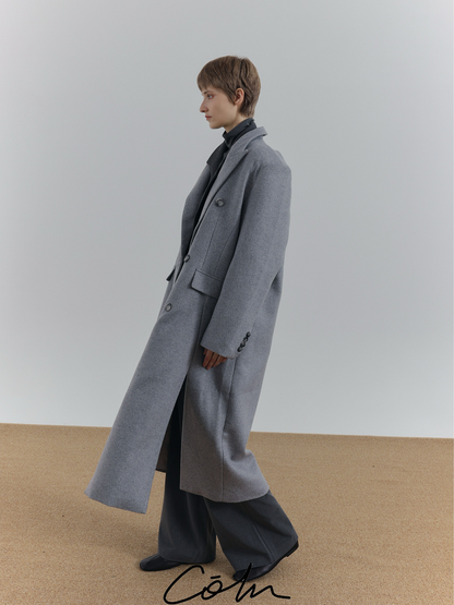 Wool Double Breasted Split Hem Long Coat WN21572