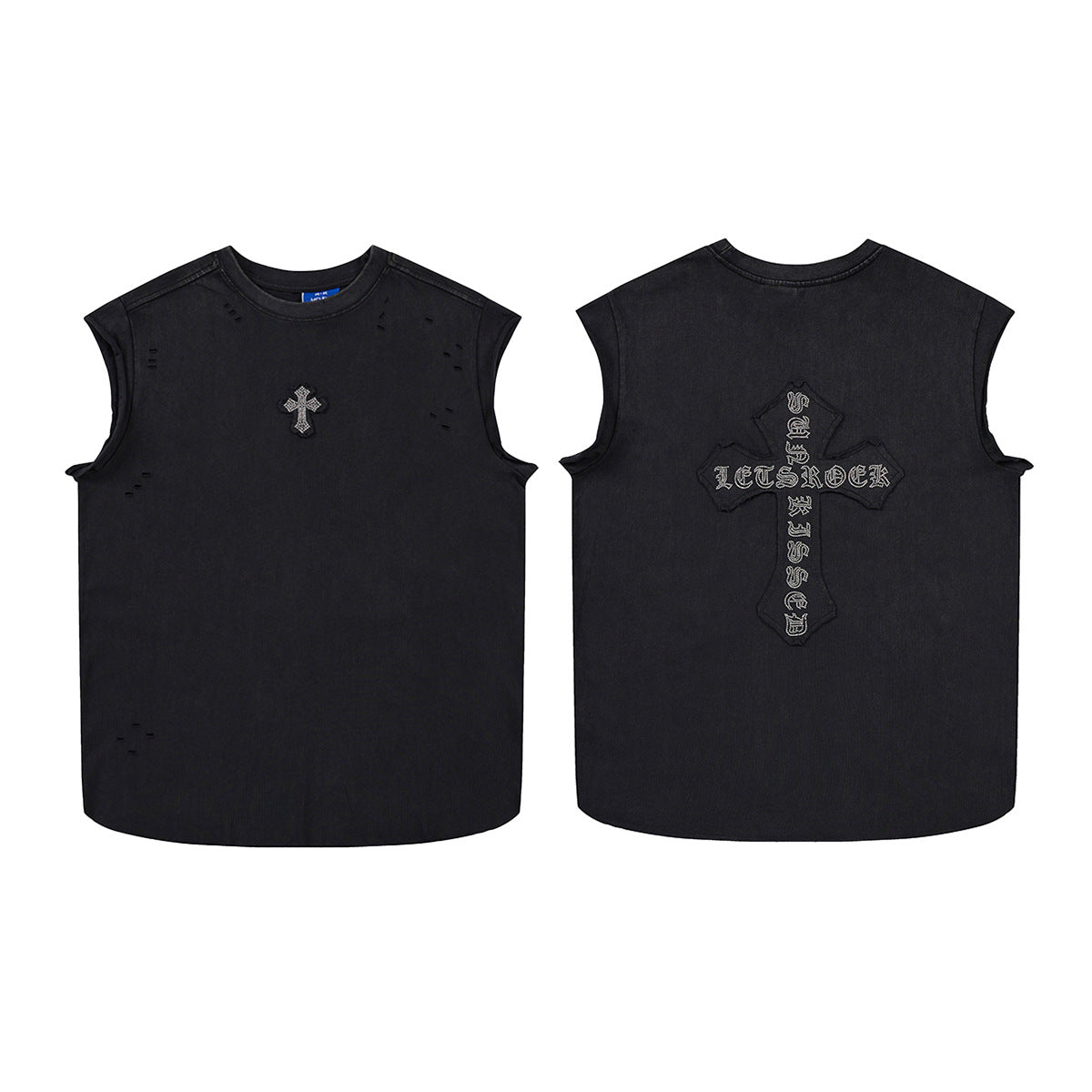 Cross Rhinestone Washed Damage Sleeveless T-Shirt WN25606
