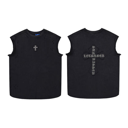 Cross Rhinestone Washed Damage Sleeveless T-Shirt WN25606