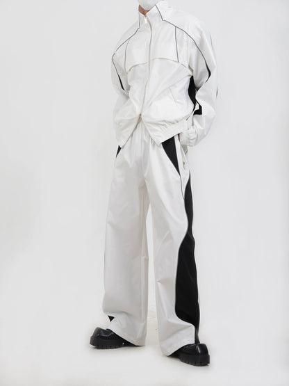 Contrast Color Sporty Jacket & Wide-leg Sporty Pants Setup WN5115