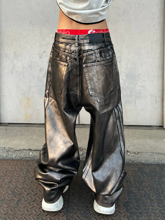 Metallic Glossy Wide Leg Denim Jeans WN24062