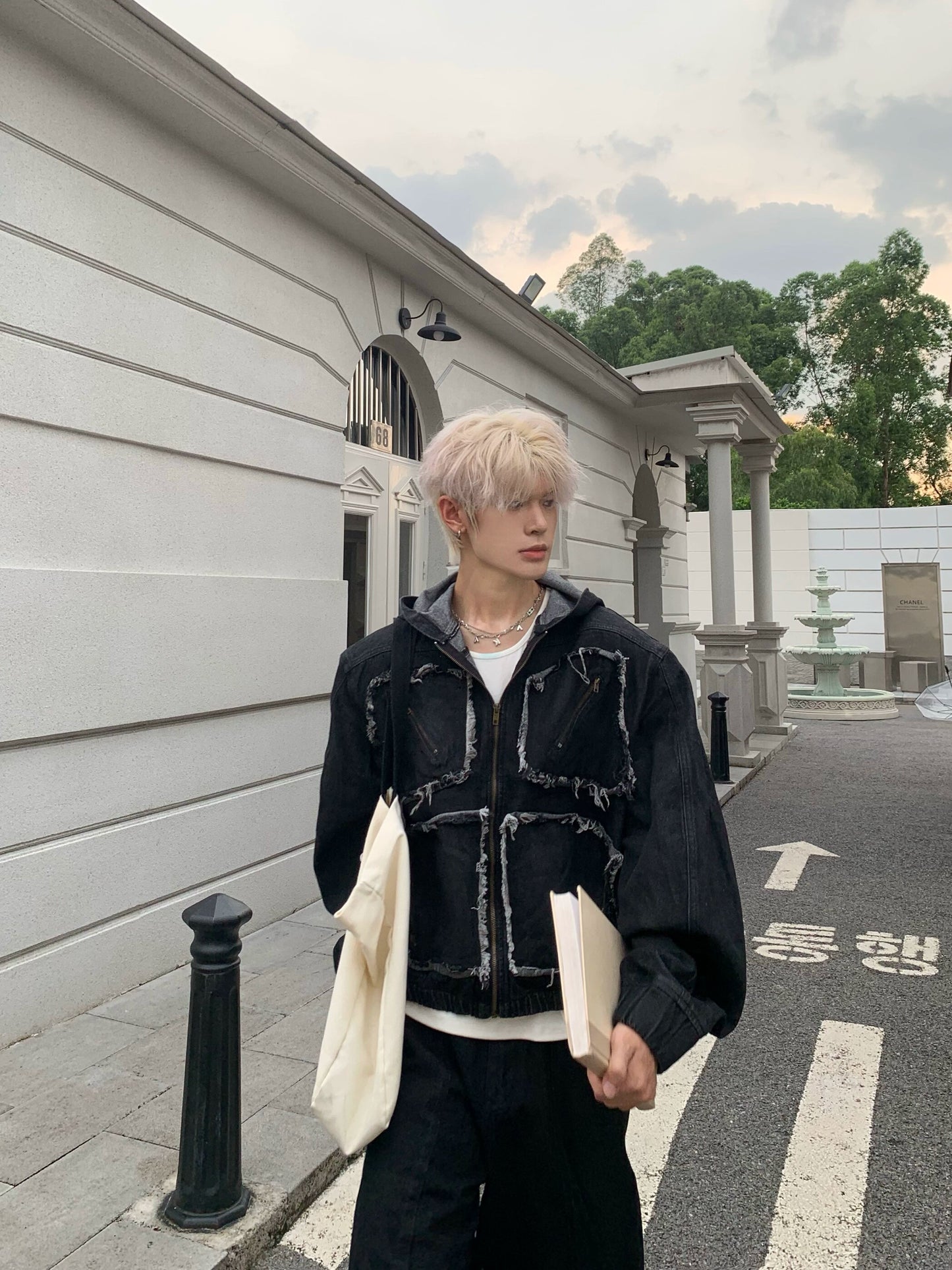 Metal Zipper Panel Denim Jacket & Wide Leg Pants Setup WN19827