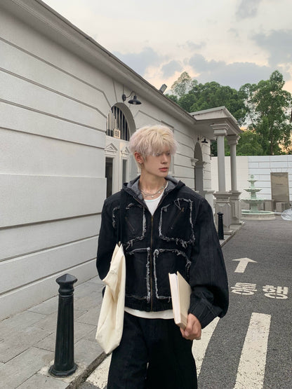 Metal Zipper Panel Denim Jacket & Wide Leg Pants Setup WN19827