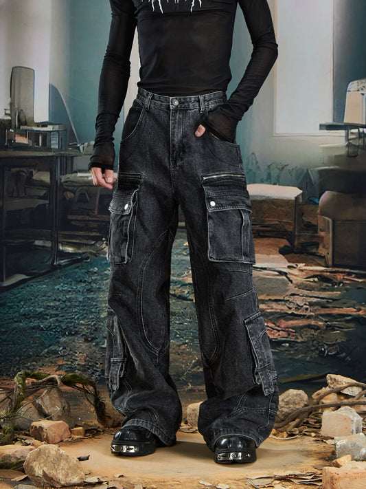 Multi-Pocket Washed Deconstructed 3D Cut Straight Cargo Denim Jeans WN20592