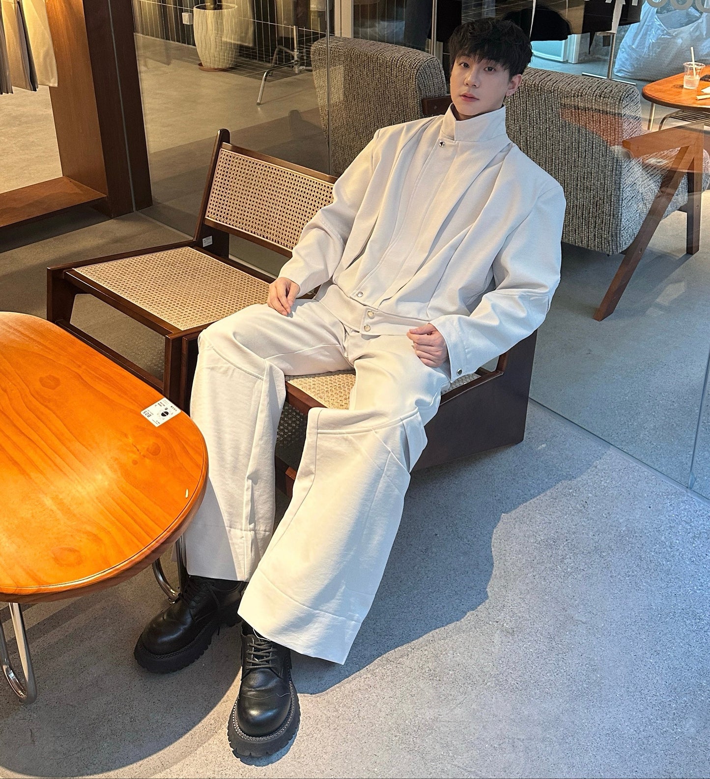 Standing-Collar Short Jacket & Wide Leg Pants Setup WN25286