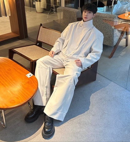 Standing-Collar Short Jacket & Wide Leg Pants Setup WN25286