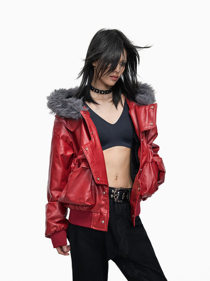 Fake Fur Hooded Short PU Leather Jacket WN27252