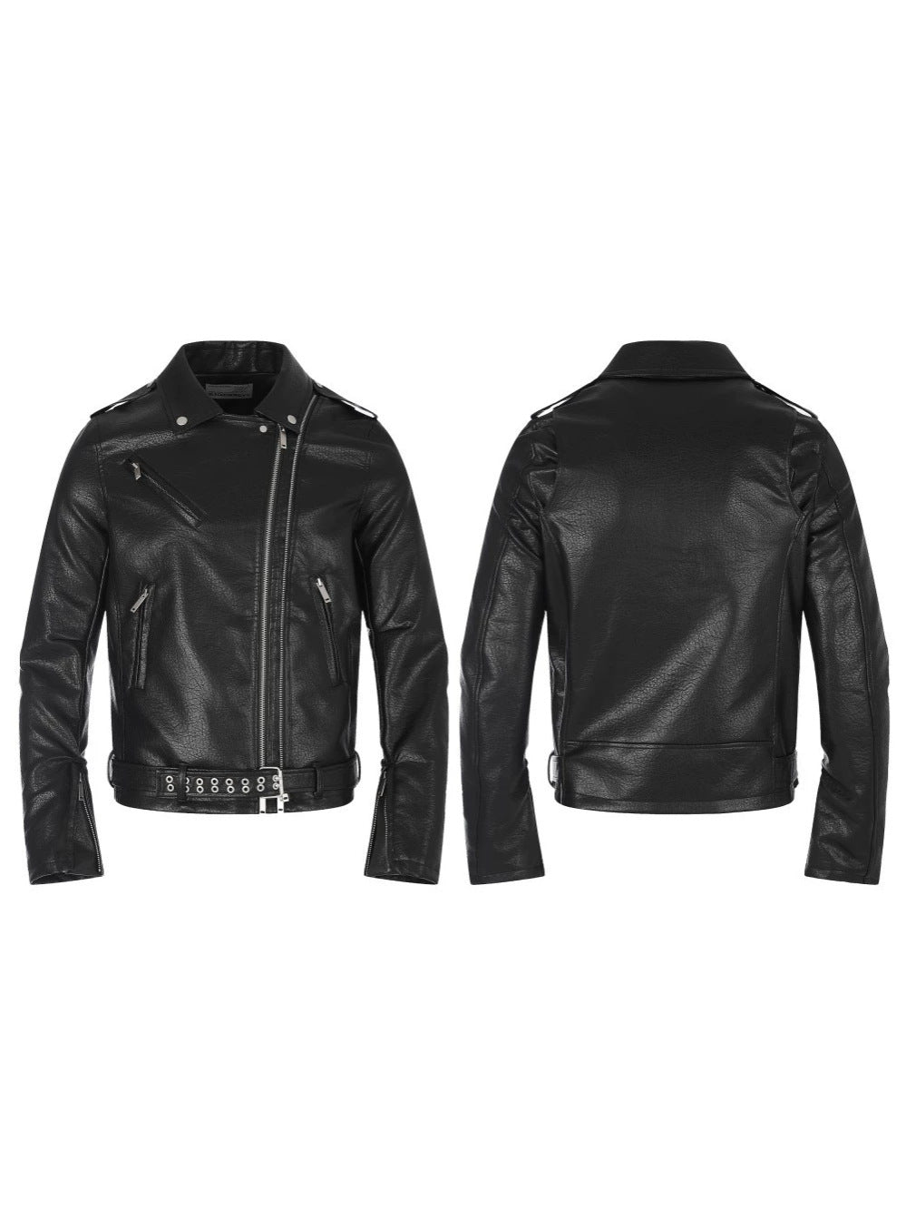 Diagonal Zipper Metal Stud Belt Short PU Leather Jacket WN27862