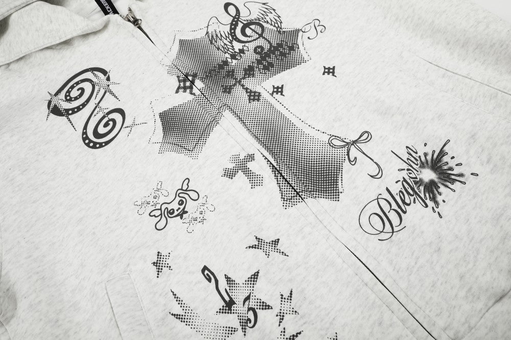 Cross Music-Note Print Drop-Shoulder Oversize Zipper Hoodie WN27937