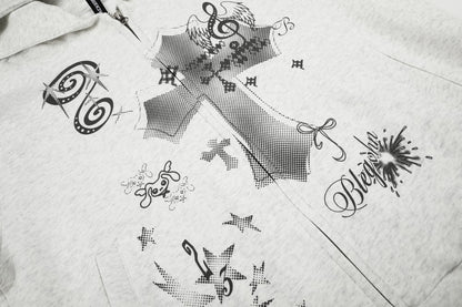Cross Music-Note Print Drop-Shoulder Oversize Zipper Hoodie WN27937