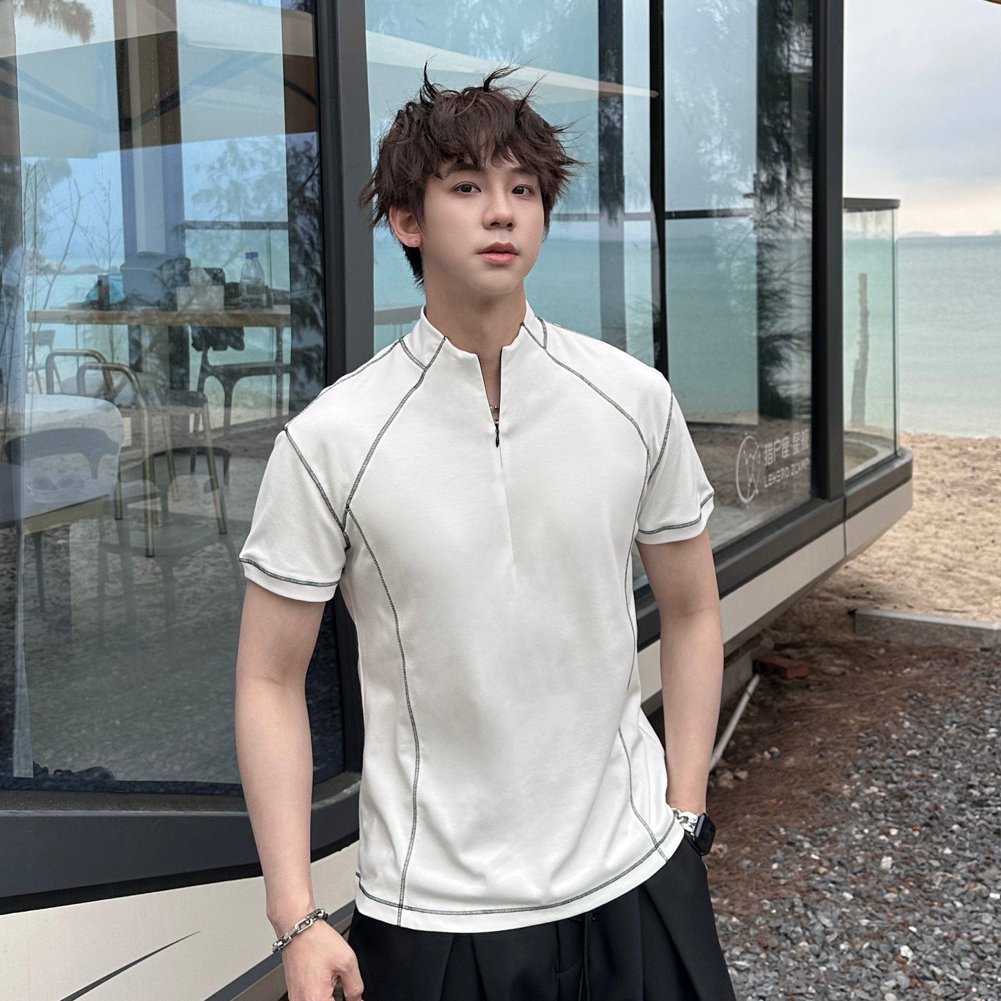 Contrast Stitch Half-Zip Short Sleeve T-Shirt WN25187