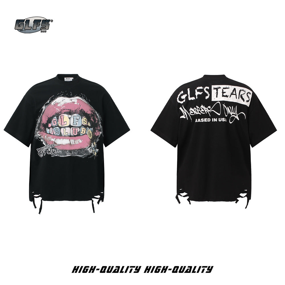 Graffiti Lip Print Damage Short Sleeve T-Shirt WN26521