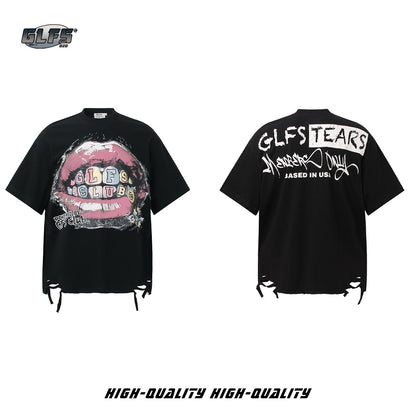 Graffiti Lip Print Damage Short Sleeve T-Shirt WN26521