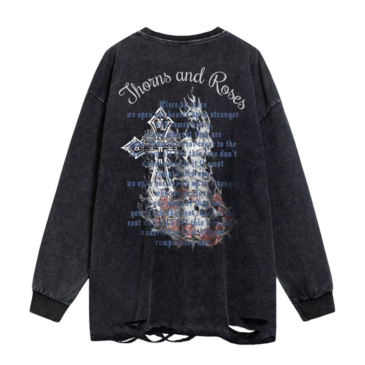 Oversize Cross Graphic Letter Print Damage Long Sleeve T-Shirt WN16494