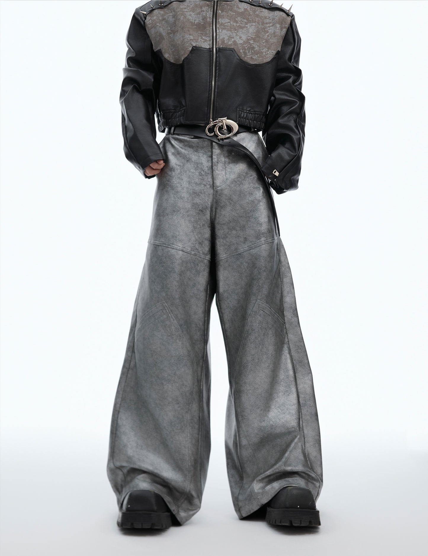 Wide Leg Silver PU Leather Pants WN8662