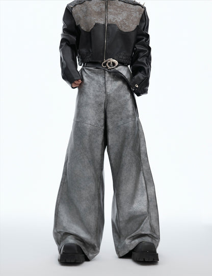 Wide Leg Silver PU Leather Pants WN8662