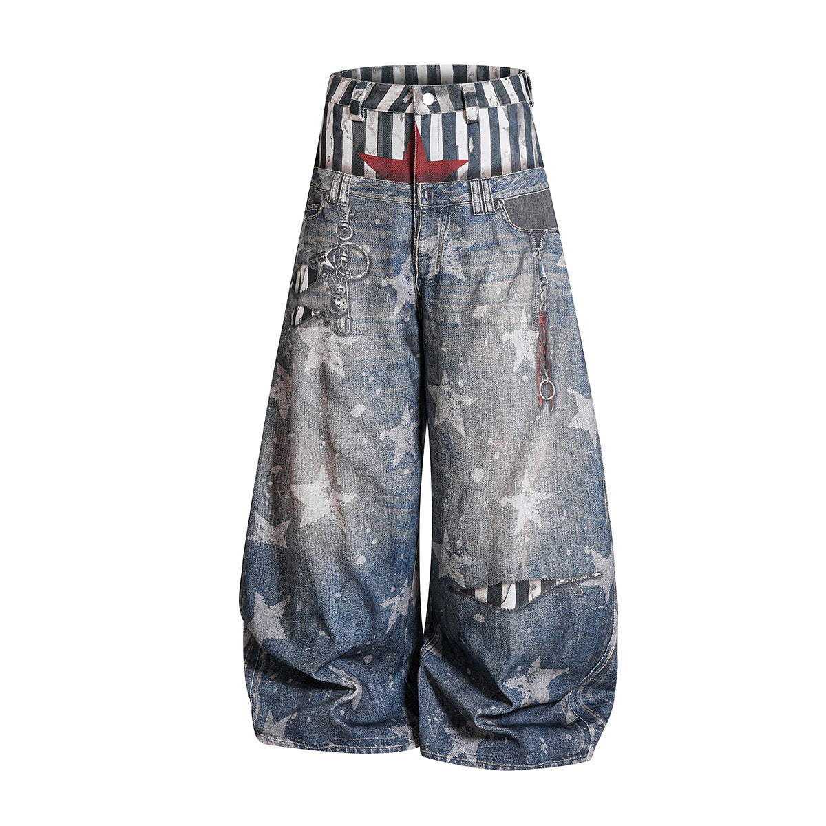Star Print Fake Layered Curved Wide Leg Denim Jeans WN25728