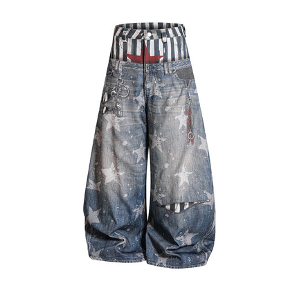 Star Print Fake Layered Curved Wide Leg Denim Jeans WN25728
