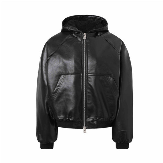 Hooded Zip-Up PU Leather Jacket WN23084