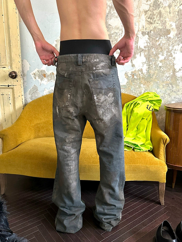 Washed Faded Mud-Dye Paint Damage Denim Jeans WN21318