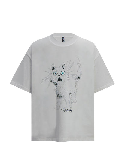 Surprised Cat Print Oversize Short Sleeve T-Shirt WN26358