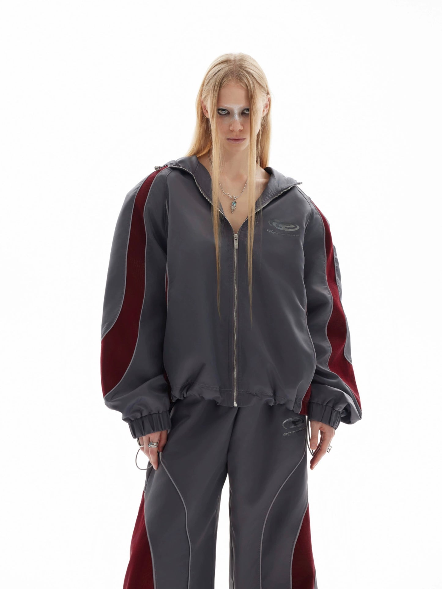 Glossy Contrast Hooded Jacket & Wide-leg Sporty Pants Setup WN8661