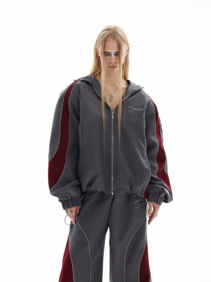 Glossy Contrast Hooded Jacket & Wide-leg Sporty Pants Setup WN8661