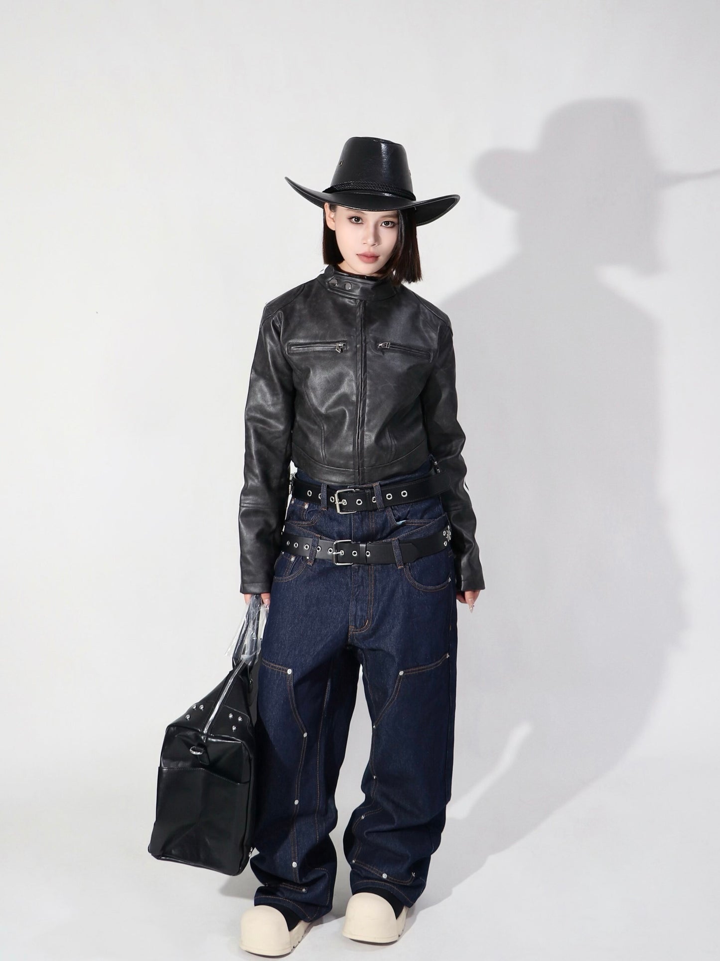Double Waist Rivet Panel Wide Leg Denim Jeans WN24121