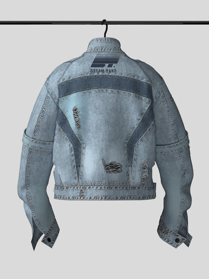 Stand Neck Damage Zipper Denim Jacket WN27105