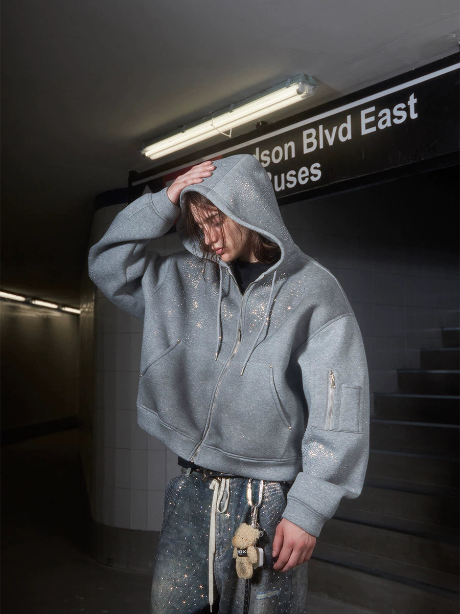 Washed Rhinestone Oversize Zipper Hoodie WN13261