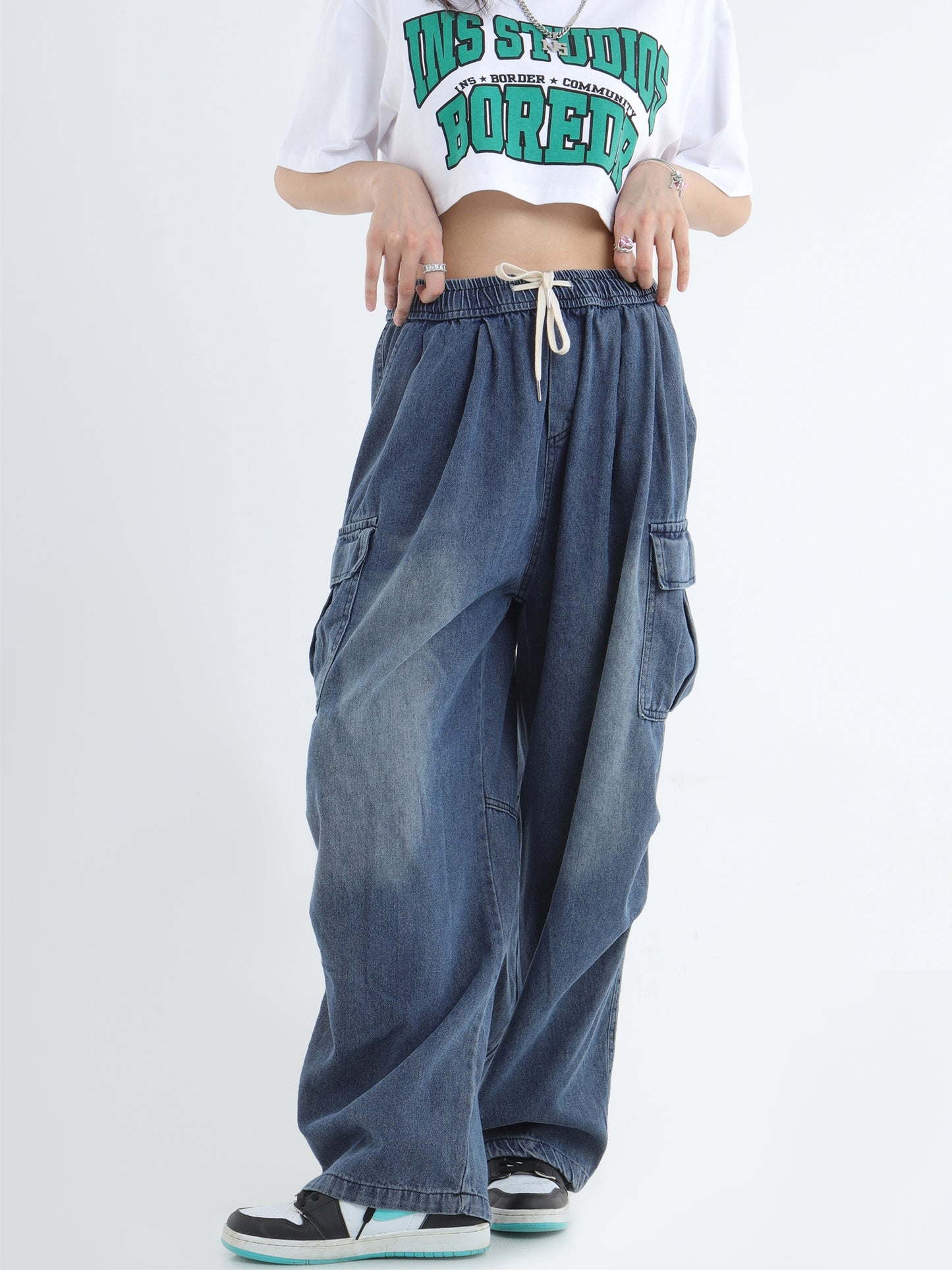 Draw Cord Wide-Leg Straight Cargo Denim Jeans WN7181