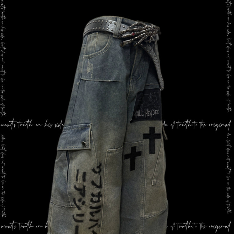 Letter Print Patchwork Cargo Wide Leg Denim Jeans & Belt & Chain & Scarf WN20123