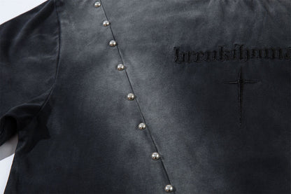Washed Studded Letter Embroidery Short Sleeve T-Shirt WN26832