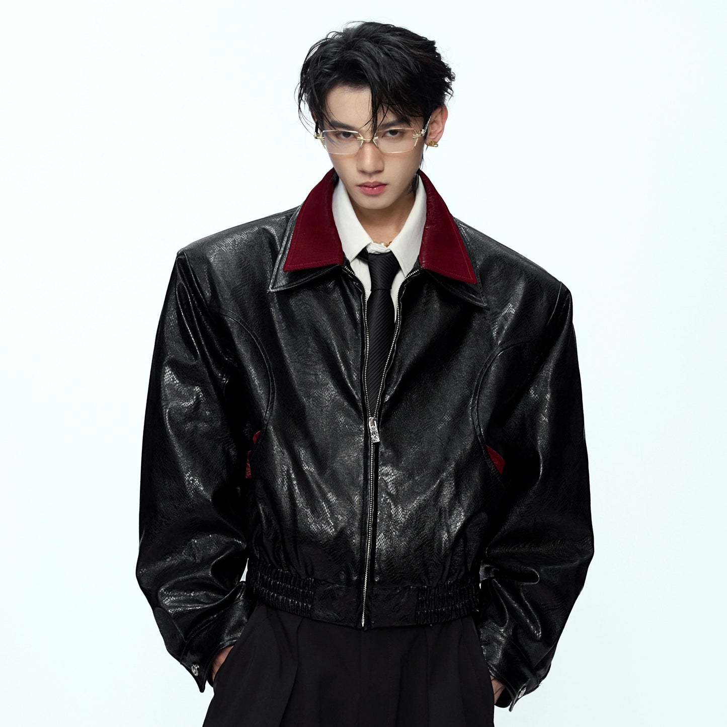 Glossy Snake-Pattern Contrast Splicing PU Leather Jacket WN21232