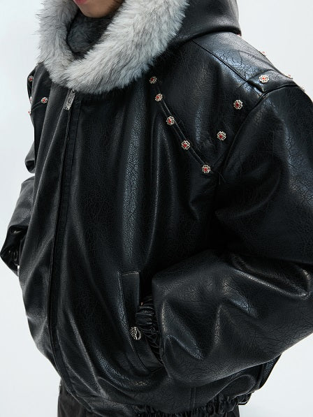 Hooded Fake Fur Collar PU Leather Puffer Jacket WN22619