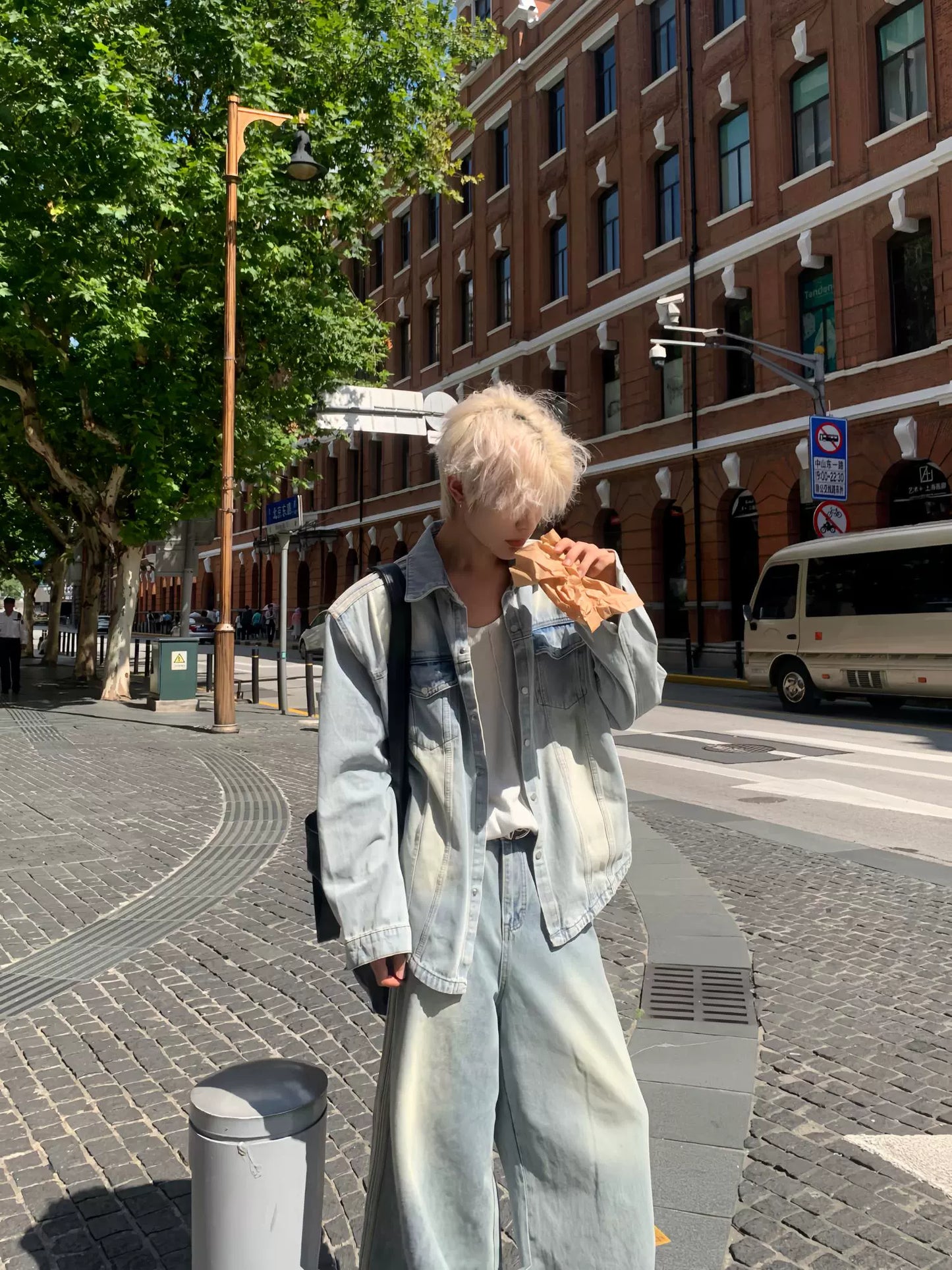 Stripe Washed Denim Short Sleeve Shirt & Wide Leg Denim Jeans Setup WN19815