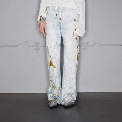 Burnout Lace Patchwork Key Print Washed Denim Jacket & Denim Jeans Setup WN17885