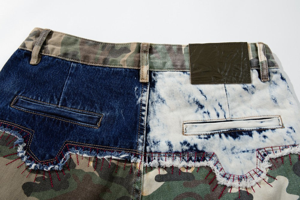 Denim Camouflage Patchwork Multi-Pocket Wide Leg Cargo Pants WN27858