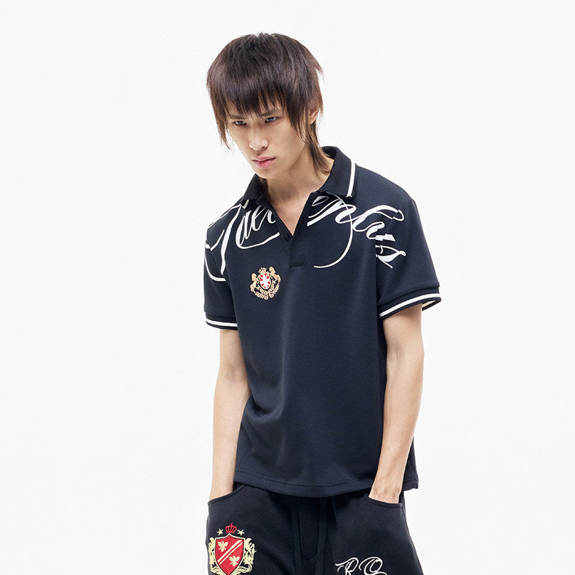 Contrast Script Print Embroidery Polo Collar Short Sleeve T-Shirt WN27292
