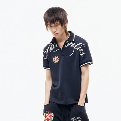 Contrast Script Print Embroidery Polo Collar Short Sleeve T-Shirt WN27292