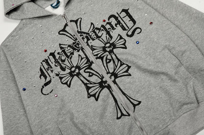 Rhinestone Cross Design Zipper Hoodie WN23057