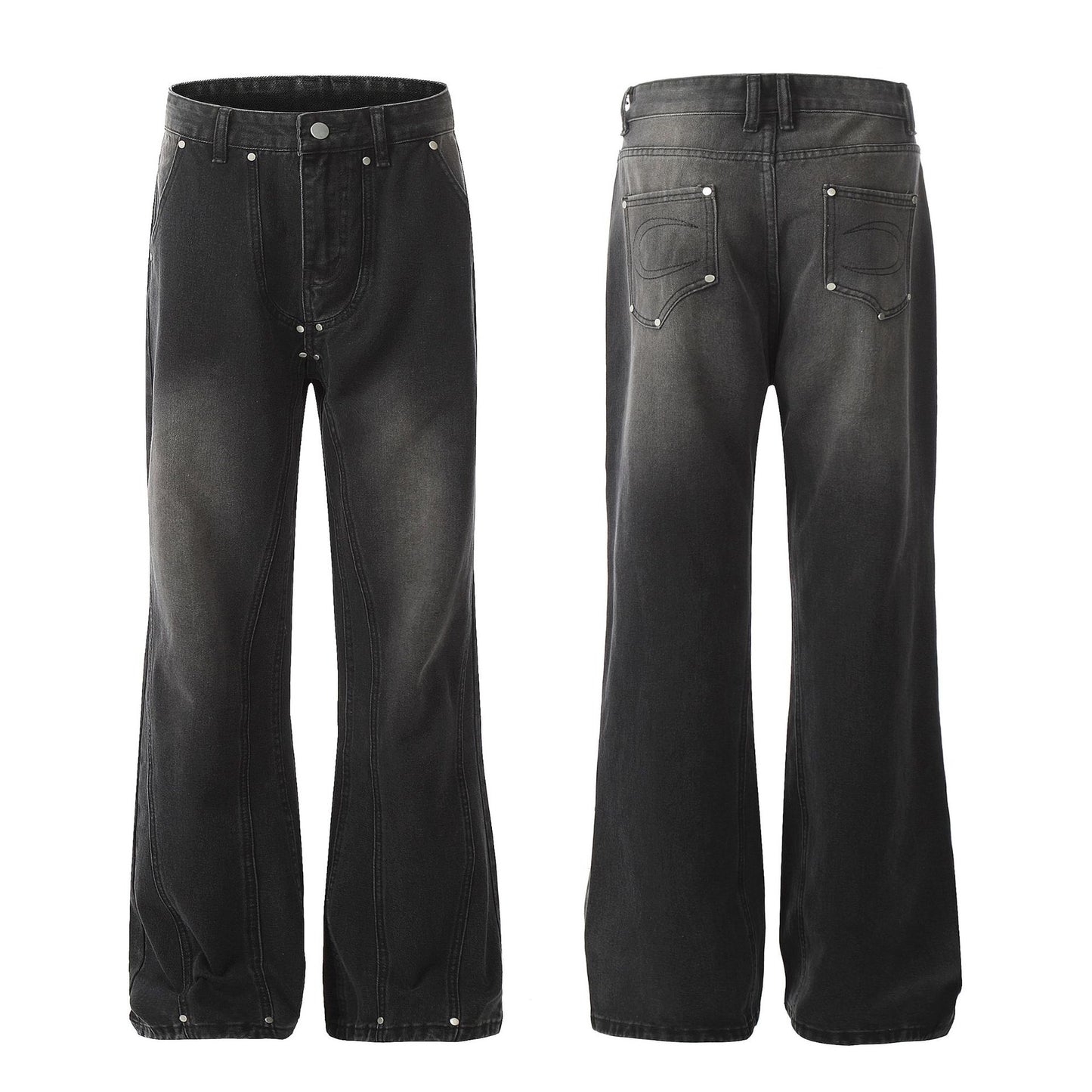 Washed Deconstructed Studded Flare Denim Jeans WN11394