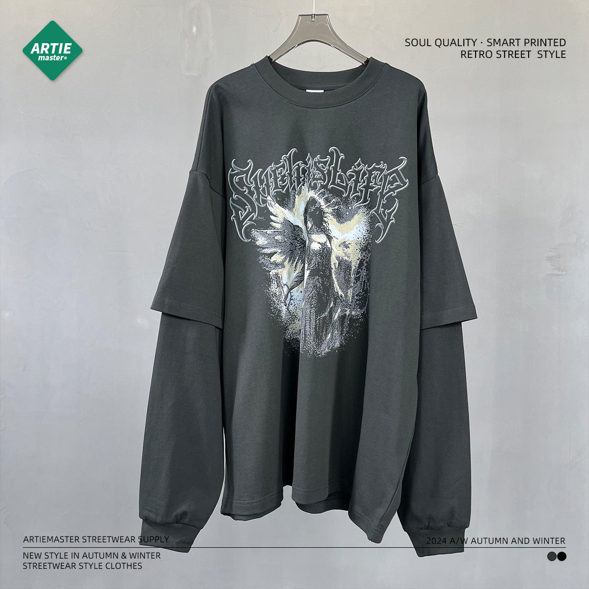 Print Fake Layered Oversize Long Sleeve T-Shirt WN9990